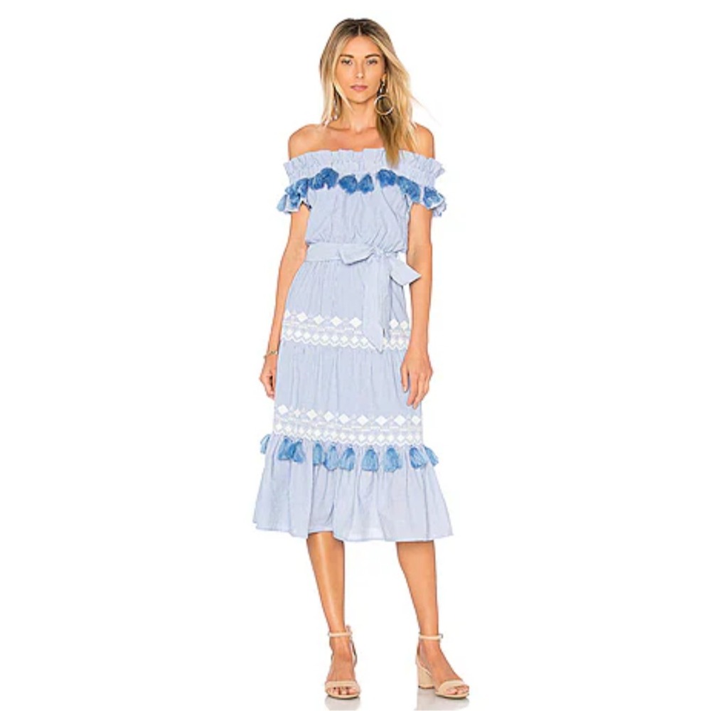 Tularosa Lana‎ Midi Dress Blue Stripe Embroidered Off Shoulder Tiered Tassel